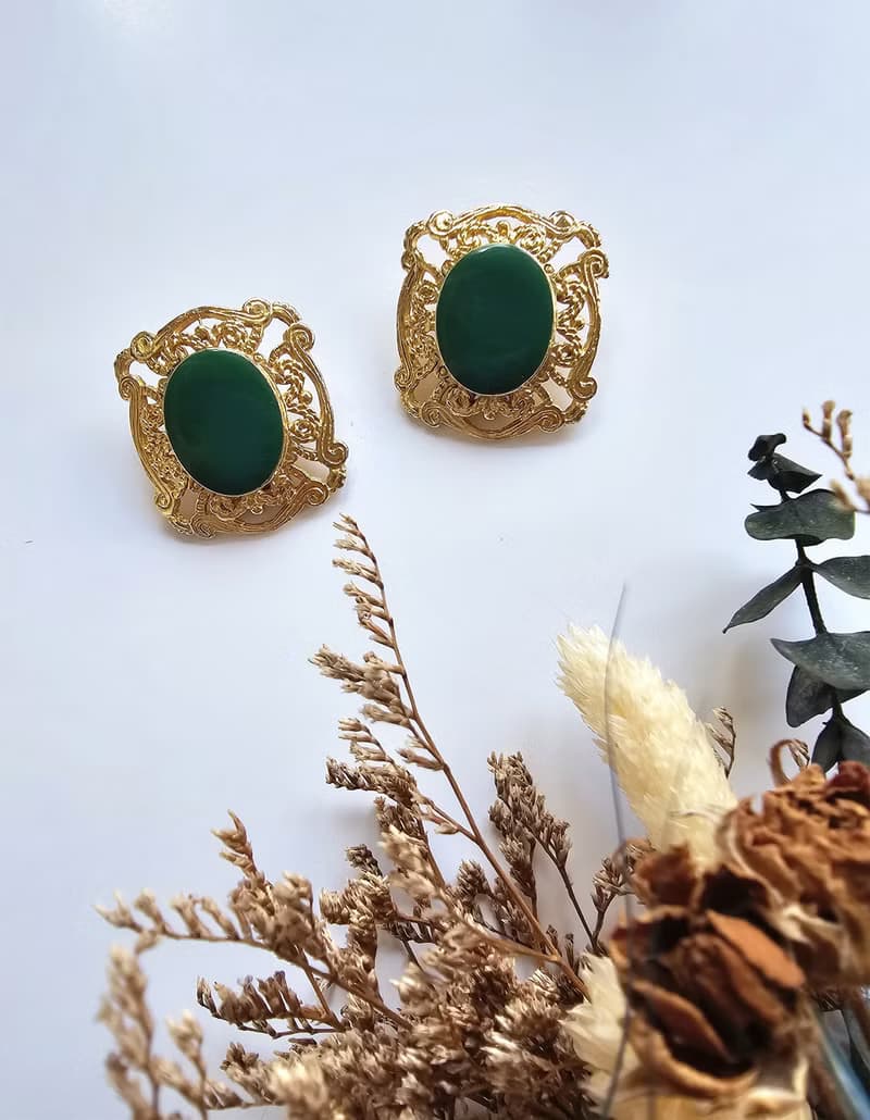 金色雕花框復古綠琺瑯夾式耳環/vintage美國西洋古董飾品
