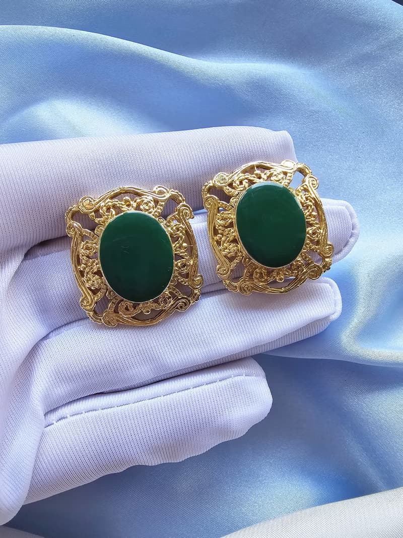 金色雕花框復古綠琺瑯夾式耳環/vintage美國西洋古董飾品