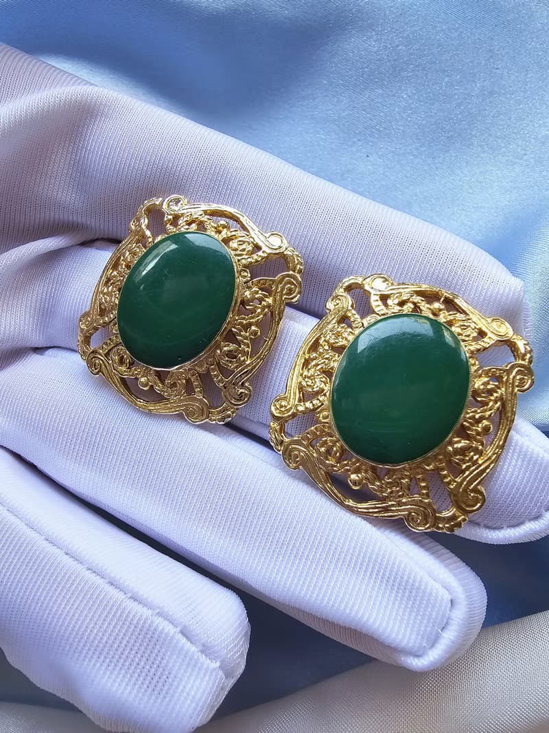 金色雕花框復古綠琺瑯夾式耳環/vintage美國西洋古董飾品