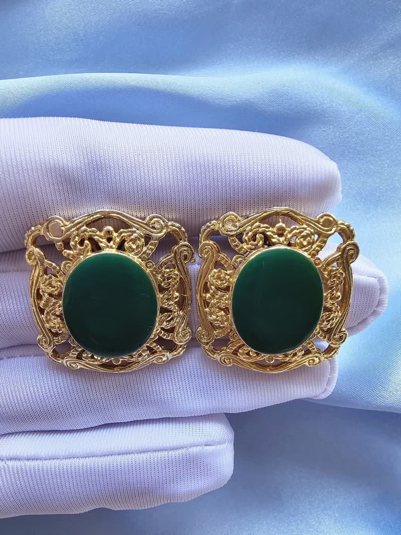 金色雕花框復古綠琺瑯夾式耳環/vintage美國西洋古董飾品