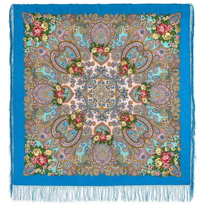Pavlovo Posad Russian Shawl 100% Wool Scarf 125x125 cm Wrap Silk Fringe 1802-13