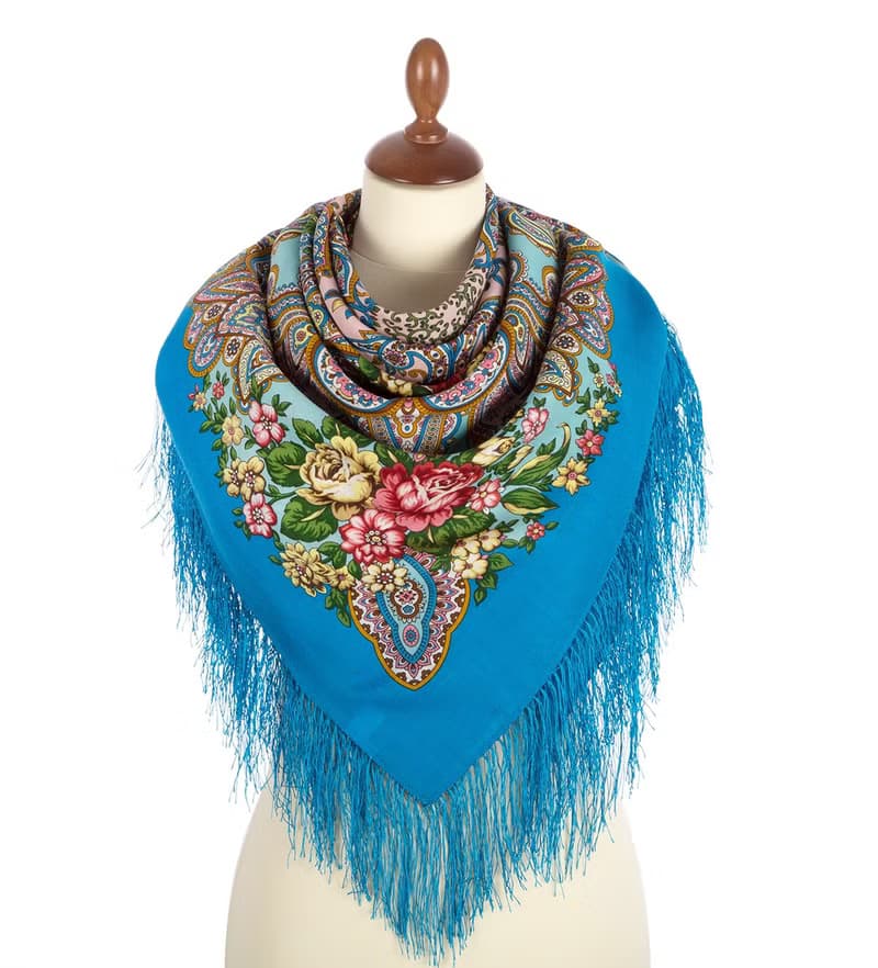 Pavlovo Posad Russian Shawl 100% Wool Scarf 125x125 cm Wrap Silk Fringe 1802-13