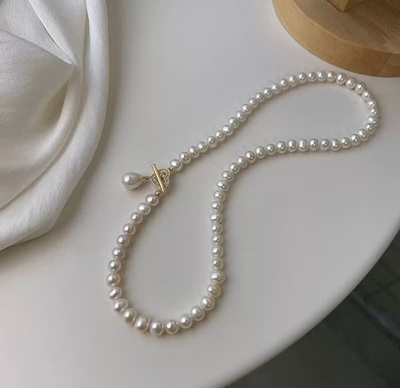 YuanPearl天然近圓珍珠珍珠項鍊巴洛克珍珠愛心鋯石通勤百搭氣質
