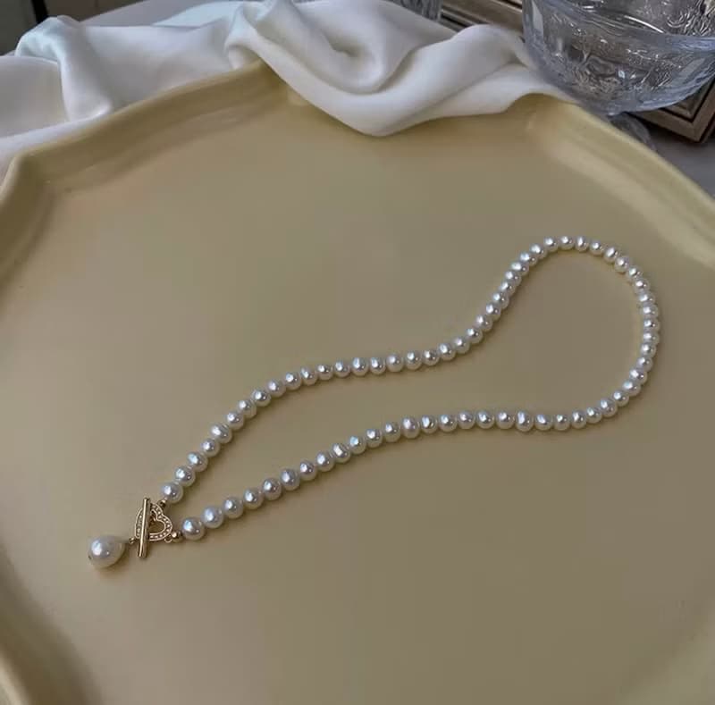 YuanPearl天然近圓珍珠珍珠項鍊巴洛克珍珠愛心鋯石通勤百搭氣質