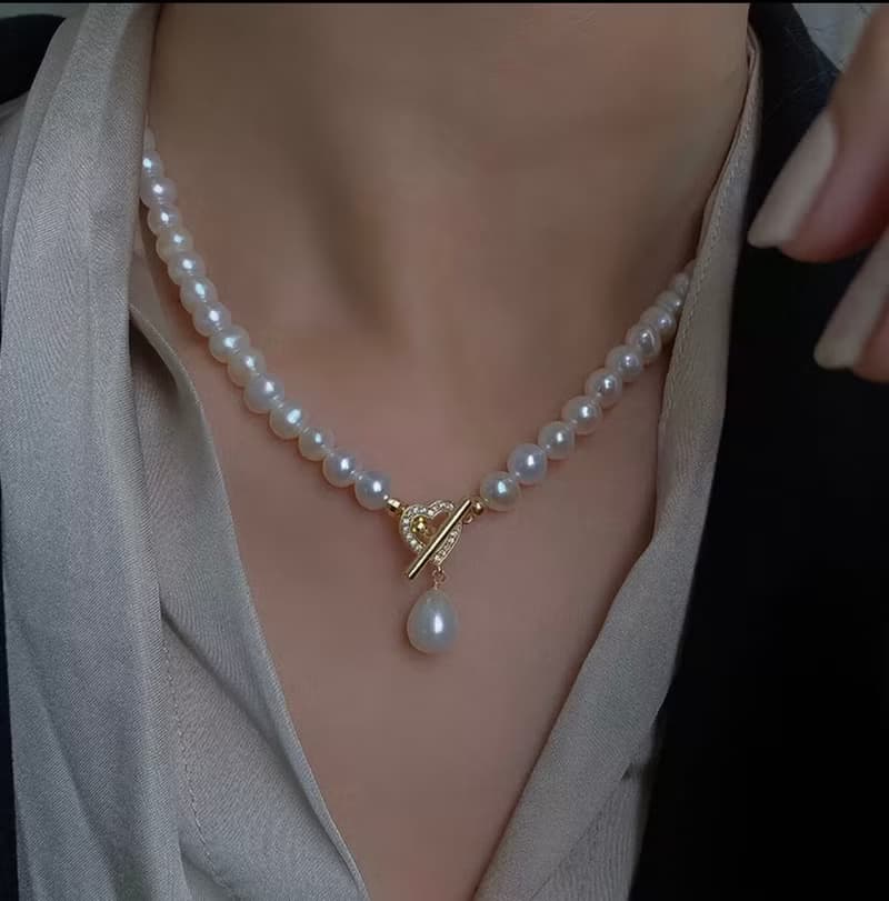 YuanPearl天然近圓珍珠珍珠項鍊巴洛克珍珠愛心鋯石通勤百搭氣質