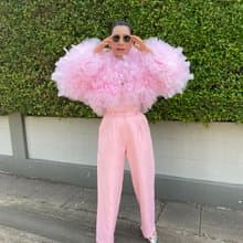 Kira barbie pink tulle cropped jacket trimmed with feathers,Tulle dress women