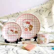 美濃燒-三麗鷗Hello Kitty聯名粉紅格紋餐具禮盒