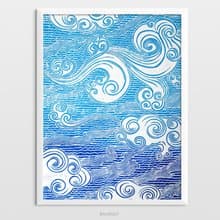 Linocut print Blue japanese clouds art Original artwork Handmade wall art print