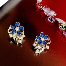 vintage jewelry  典雅藍色萊茵花瓣珍珠花卉 夾式耳環