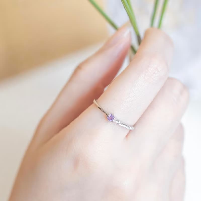紫水晶925純銀單邊麻花戒指 可調式戒指