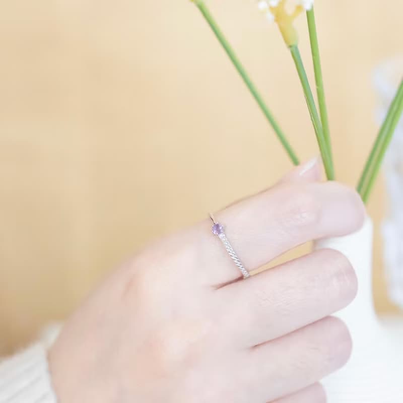 紫水晶925純銀單邊麻花戒指 可調式戒指