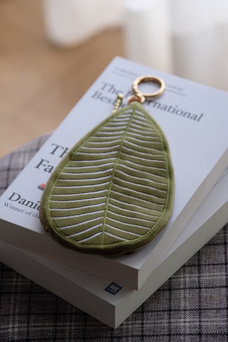 Embroidery Plumeria leaf shaped Pouch soft green and white