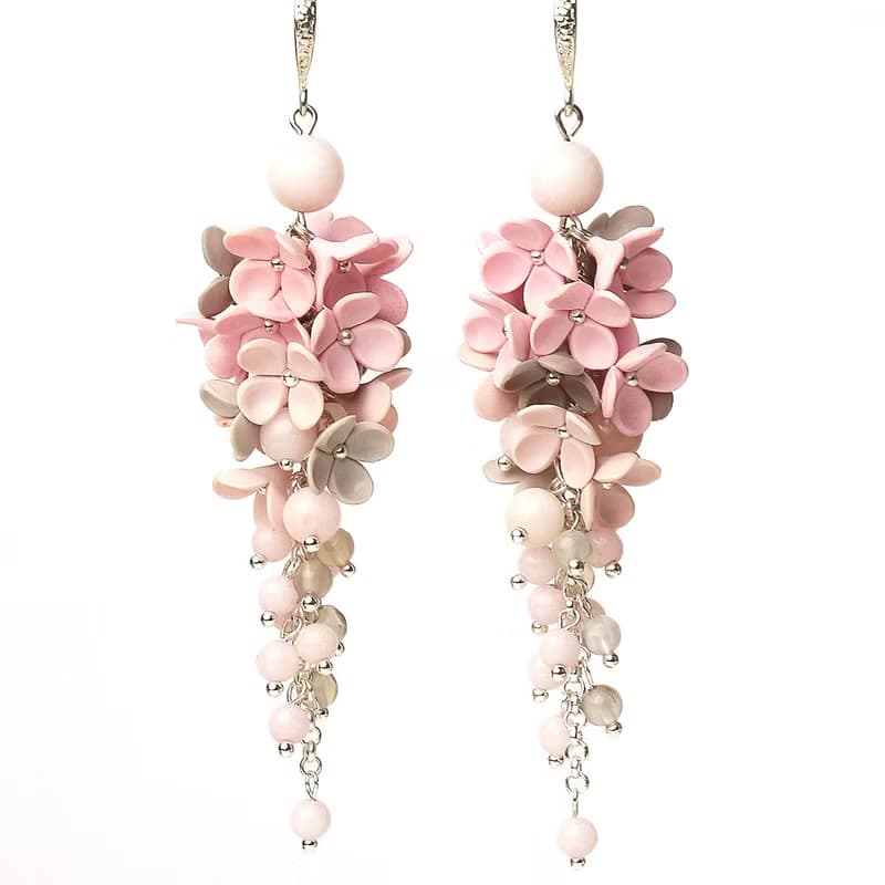 Gray Pink Earrings With Tiny Flowers Polymer Clay Earrings Long Boho Earrings