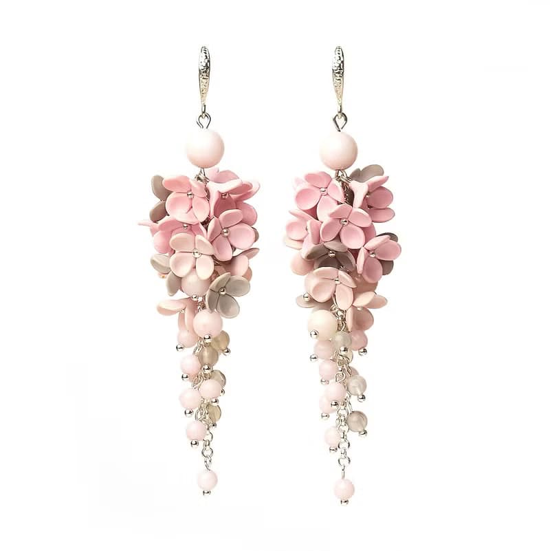 Gray Pink Earrings With Tiny Flowers Polymer Clay Earrings Long Boho Earrings