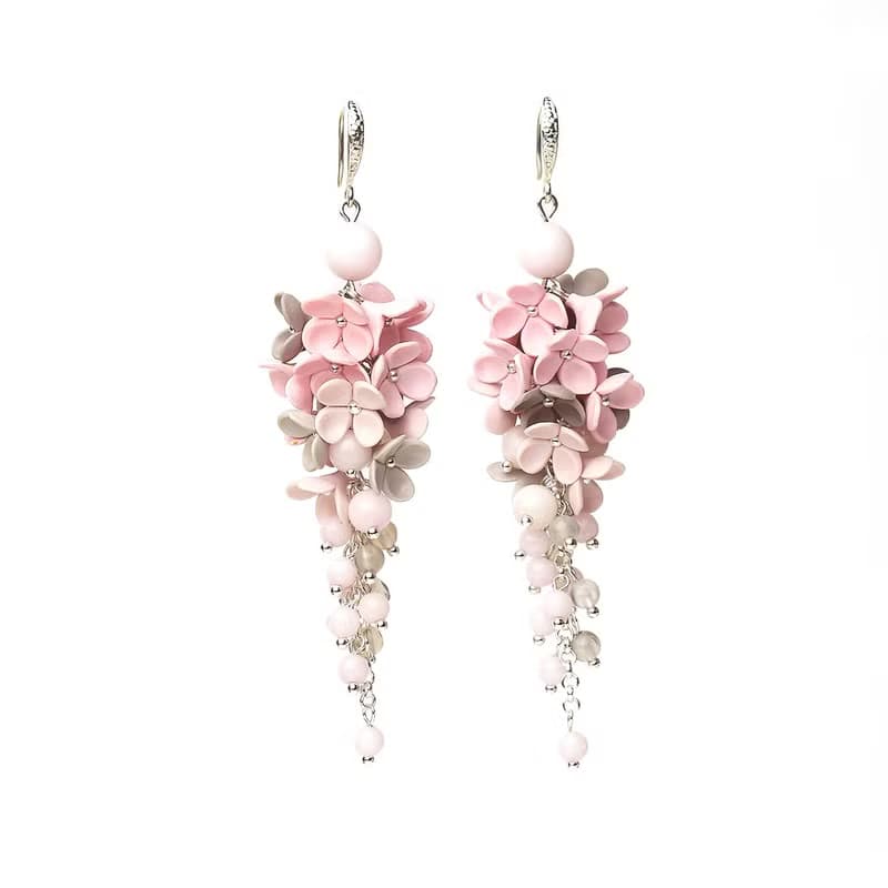 Gray Pink Earrings With Tiny Flowers Polymer Clay Earrings Long Boho Earrings