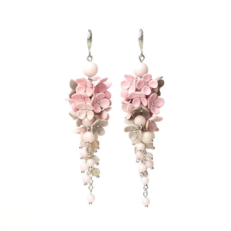 Gray Pink Earrings With Tiny Flowers Polymer Clay Earrings Long Boho Earrings