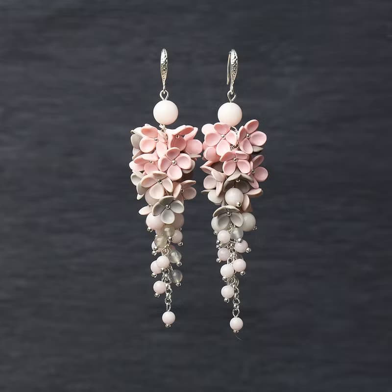 Gray Pink Earrings With Tiny Flowers Polymer Clay Earrings Long Boho Earrings