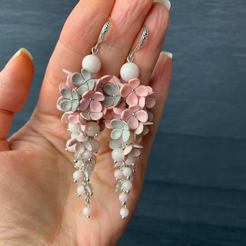 Gray Pink Earrings With Tiny Flowers Polymer Clay Earrings Long Boho Earrings