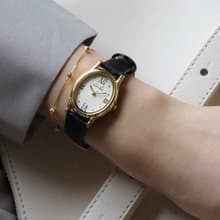 【Ven & Qu】寶石金珍珠腕錶 – 23×27 mm 錶殼, 黑色皮革錶帶