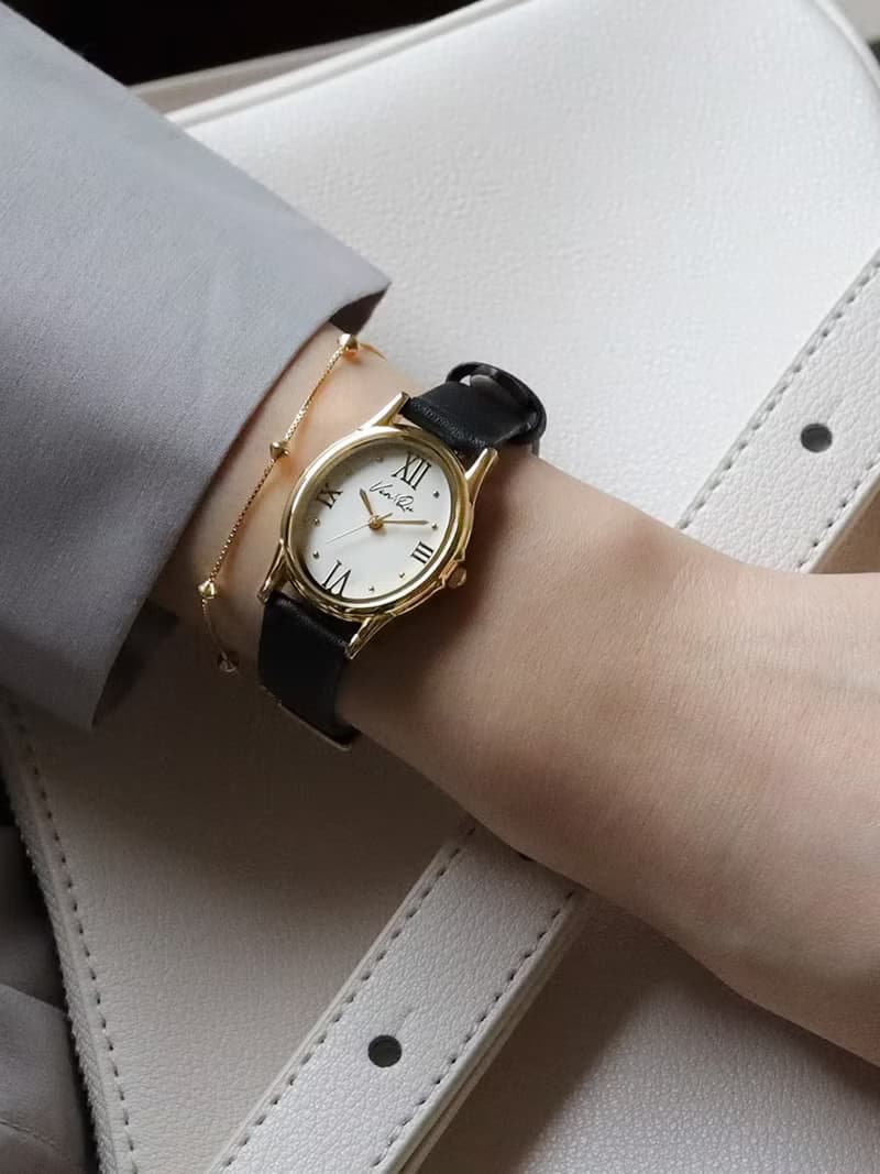 【Ven & Qu】寶石金珍珠腕錶 – 23×27 mm 錶殼, 黑色皮革錶帶