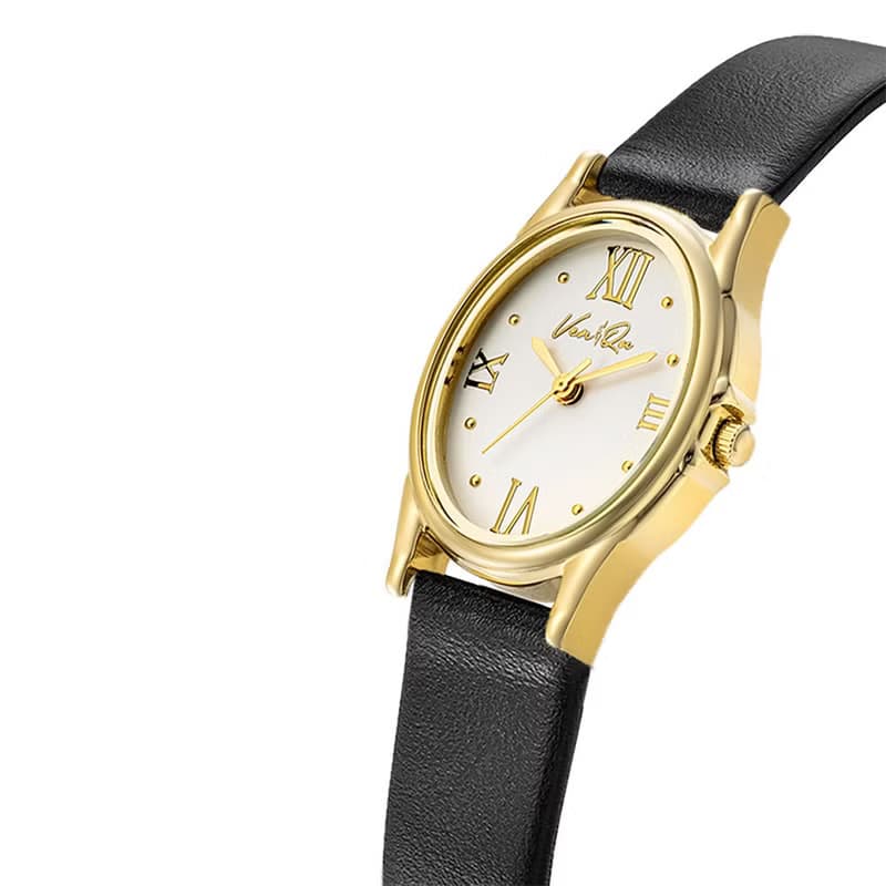 【Ven & Qu】寶石金珍珠腕錶 – 23×27 mm 錶殼, 黑色皮革錶帶
