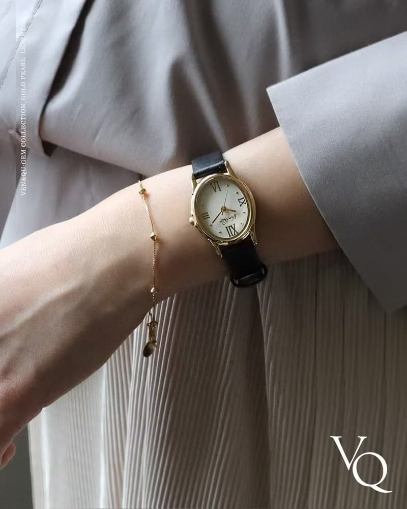 【Ven & Qu】寶石金珍珠腕錶 – 23×27 mm 錶殼, 黑色皮革錶帶