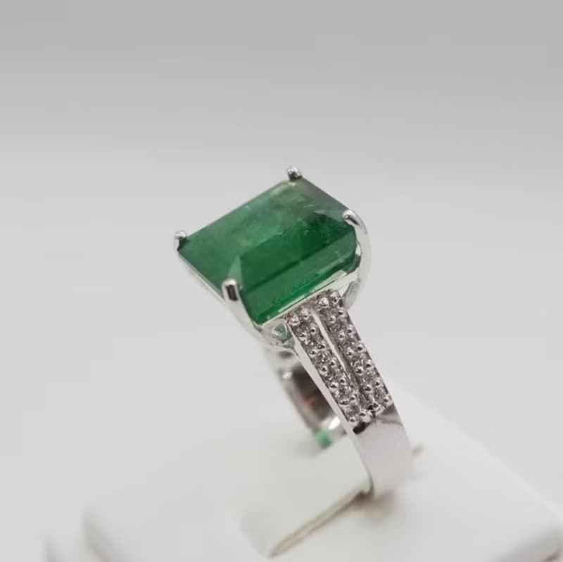 AAA Natural Emerald Ring 14k White Gold Womens Emerald Jewelry Anniversary gift