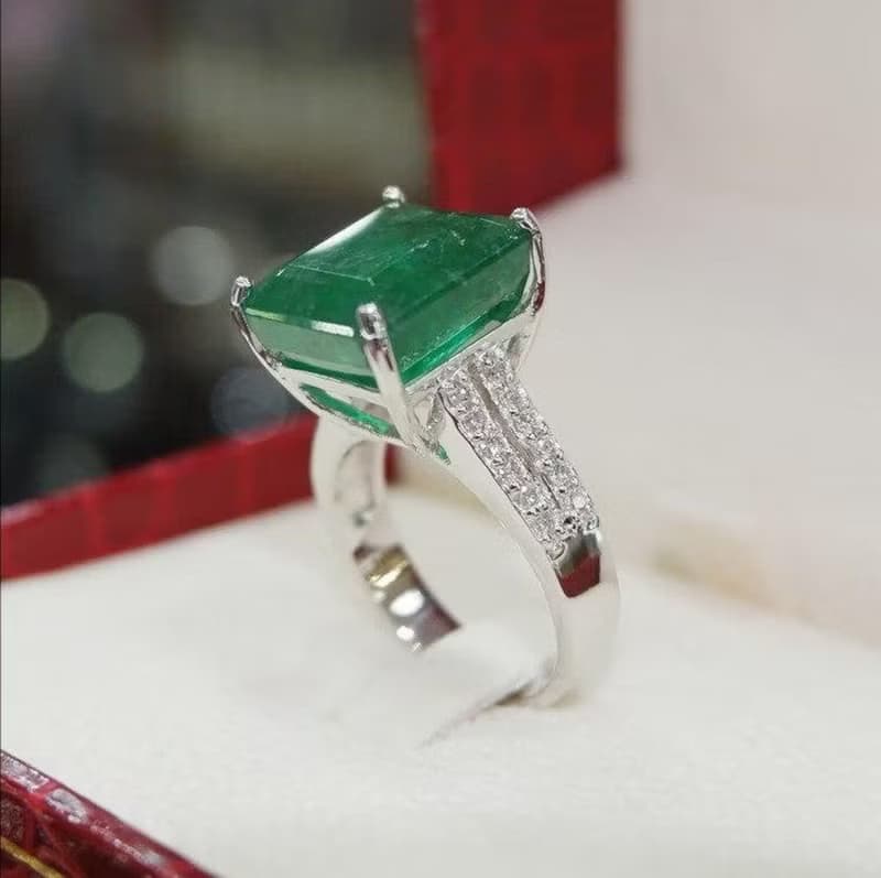 AAA Natural Emerald Ring 14k White Gold Womens Emerald Jewelry Anniversary gift