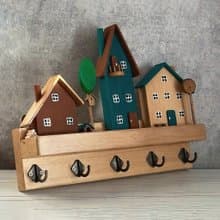 Wood Key Holder with 3 Houses Street 5 Hooks for Entryway Kitchen Office