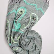 【精品禮盒】喀什米爾水煮羊毛手工刺繡圍巾披肩淺薄荷綠色釘珠款