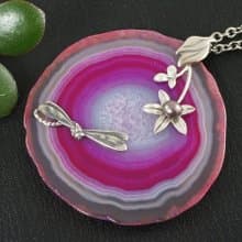 Pink Fuchsia Agate Slice Slab Silver Flower Dragonfly Pendant Necklace Jewelry