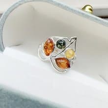 波羅的海琥珀 純銀戒指 綠珀 金珀 焦糖珀 葉子 縷空設計 個性