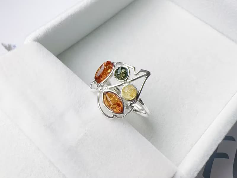 波羅的海琥珀 純銀戒指 綠珀 金珀 焦糖珀 葉子 縷空設計 個性