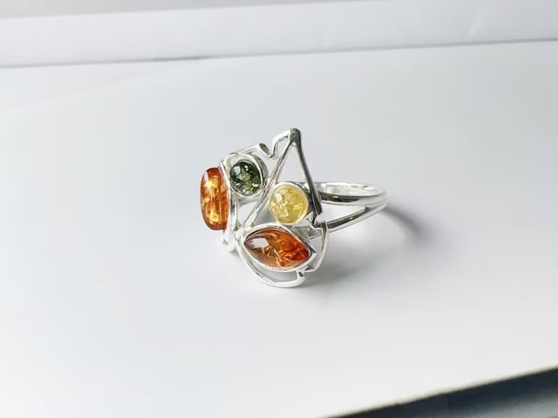 波羅的海琥珀 純銀戒指 綠珀 金珀 焦糖珀 葉子 縷空設計 個性