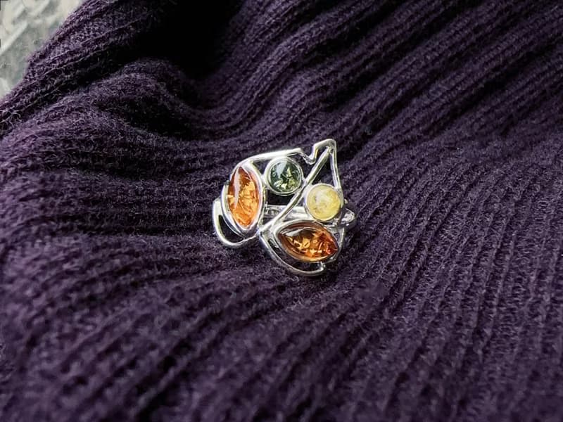 波羅的海琥珀 純銀戒指 綠珀 金珀 焦糖珀 葉子 縷空設計 個性