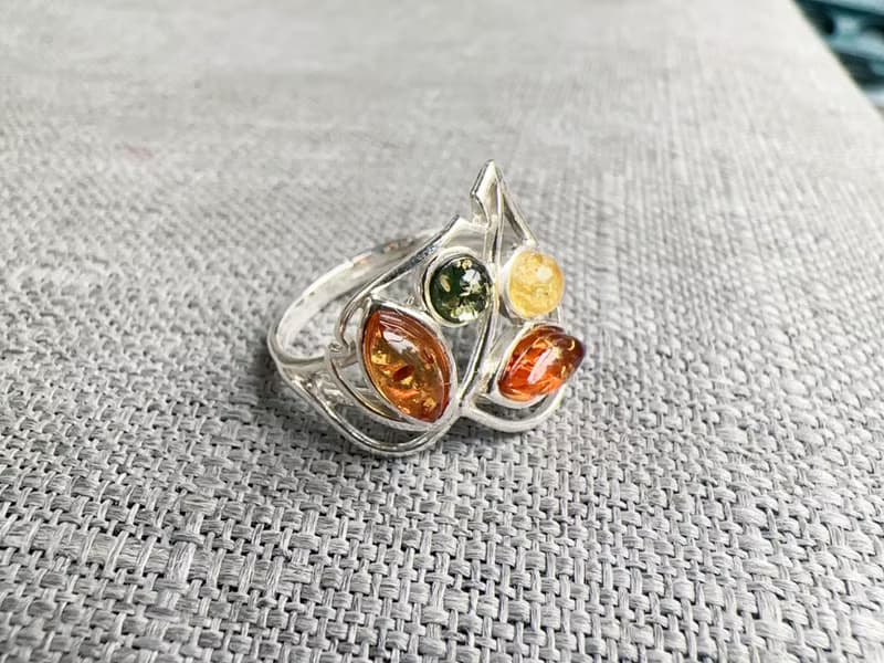 波羅的海琥珀 純銀戒指 綠珀 金珀 焦糖珀 葉子 縷空設計 個性