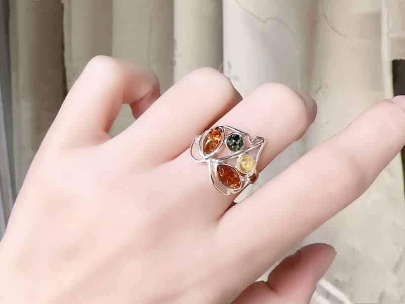 波羅的海琥珀 純銀戒指 綠珀 金珀 焦糖珀 葉子 縷空設計 個性