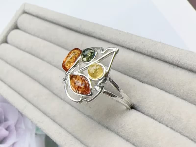 波羅的海琥珀 純銀戒指 綠珀 金珀 焦糖珀 葉子 縷空設計 個性