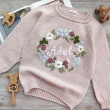 Personalized knitting handmade sweater with flower embroidery & baby girls name