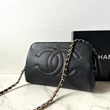 【LA LUNE】中古Chanel黑色魚子醬皮革手袋側斜孭背長夾單肩小包