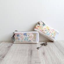 【KTG/三角磚鑰匙包(小)】水彩小花 綠橘 藍粉 日本帆布 法國銀蔥