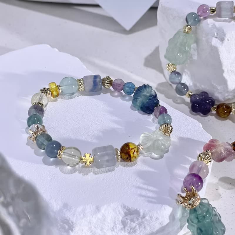 小狐仙遇見小桃花 螢石彩螢石| 琥珀| 白水晶| 水晶手鍊A11-2