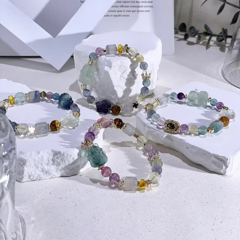 小狐仙遇見小桃花 螢石彩螢石| 琥珀| 白水晶| 水晶手鍊A11-2