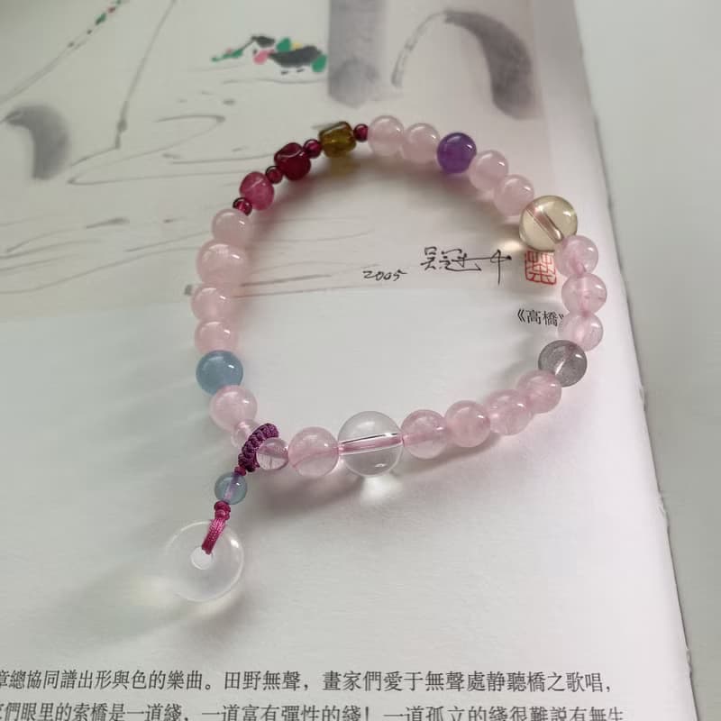 漁之期。天然碧璽粉水晶月光石小平安扣石榴石海藍寶手鏈甜美文藝