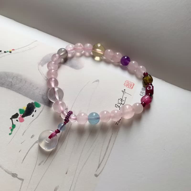 漁之期。天然碧璽粉水晶月光石小平安扣石榴石海藍寶手鏈甜美文藝
