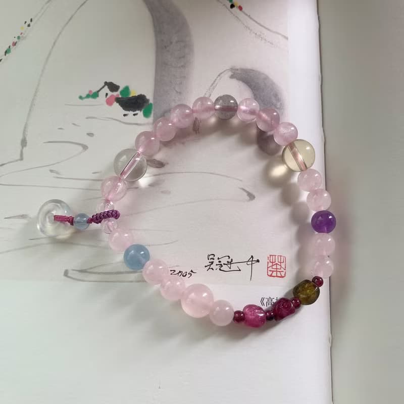 漁之期。天然碧璽粉水晶月光石小平安扣石榴石海藍寶手鏈甜美文藝