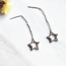 Eli Jewelry義大利正14K金星星垂墜14K白金耳環耳鍊附金飾保證卡