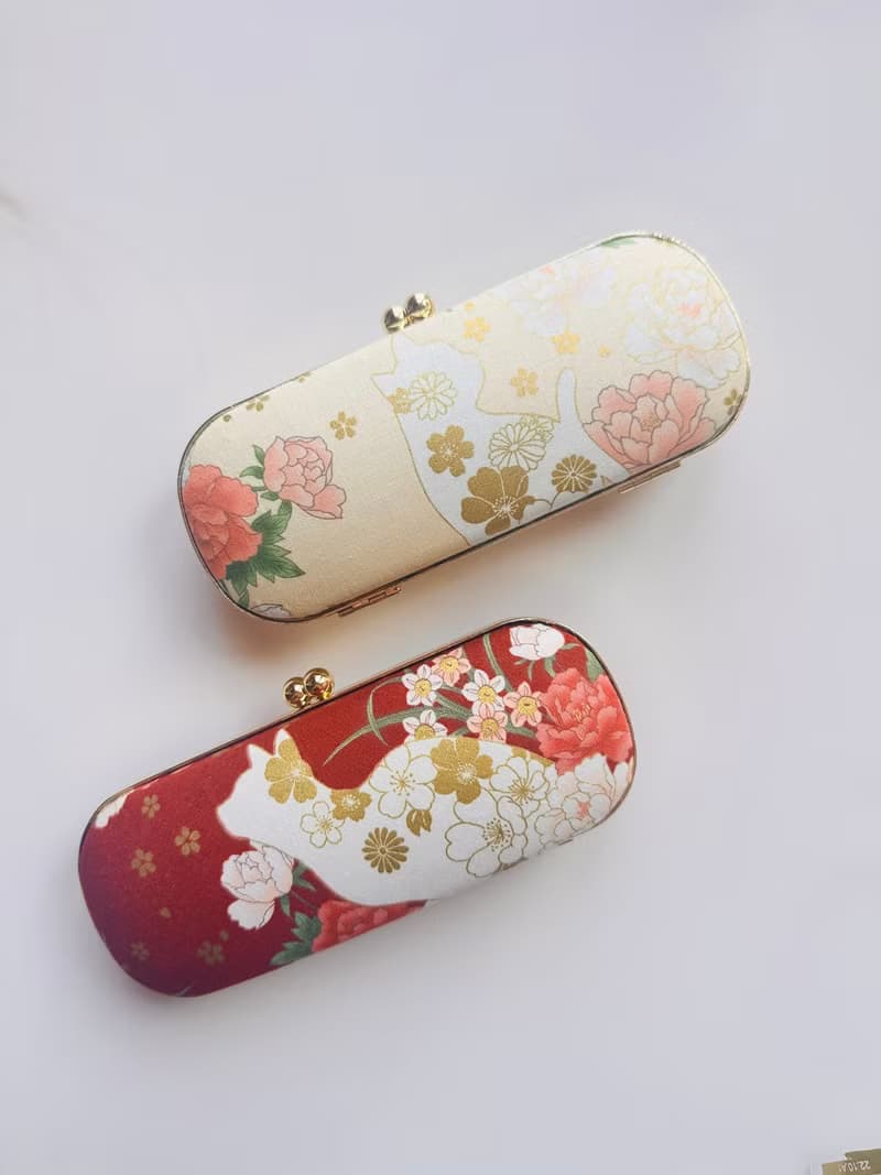 雞蛋黃色金花貓咪眼鏡盒/筆盒/首飾盒
