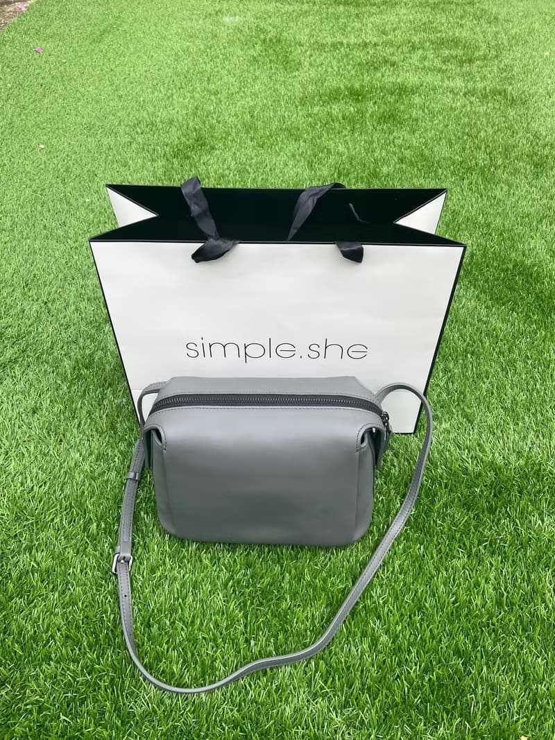 simple.she 全皮復古小方包 斜揹包 杏色 灰色