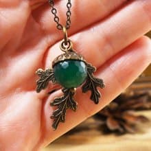 Dark Sea Green Agate Brass Acorn Oak Leaf Pendant Necklace Woman Jewelry Gift